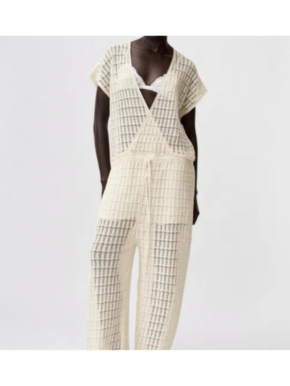 Zara Limited Edition Loose Cream Pointelle Flowy Cover Up Knit Jumpsuit Large